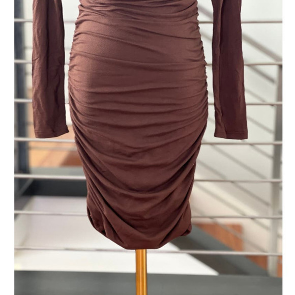 Naked Wardrobe Ruched Long Sleeve Back Cutout Mini Dress in Chocolate - Picture 5 of 11